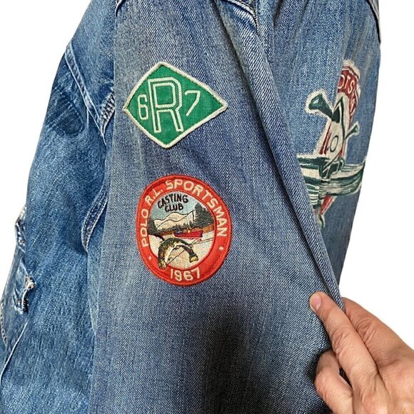 Polo Ralph Lauren Sportsman Distress Patch Trucker Jean Jacket Big 4X USA FLAG - Picture 5 of 15